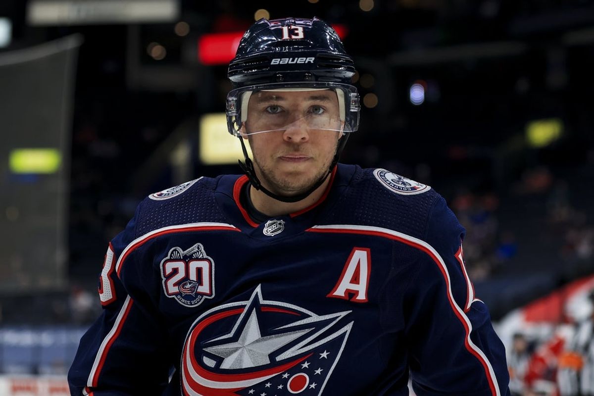 May 8, 2021; Columbus, Ohio, USA; Columbus Blue Jackets right wing Cam Atkinson (13) skates during a stop in play against the Detroit Red Wings in the 1st period at Nationwide Arena. Mandatory Credit: Aaron Doster-Imagn Images