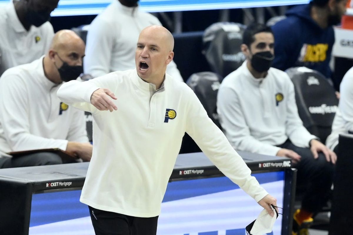 May 10, 2021; Cleveland, Ohio, USA; Indiana Pacers head coach Nate Bjorkgren reacts in the second quarter against the Cleveland Cavaliers at Rocket Mortgage FieldHouse. Mandatory Credit: David Richard-USA TODAY Sports