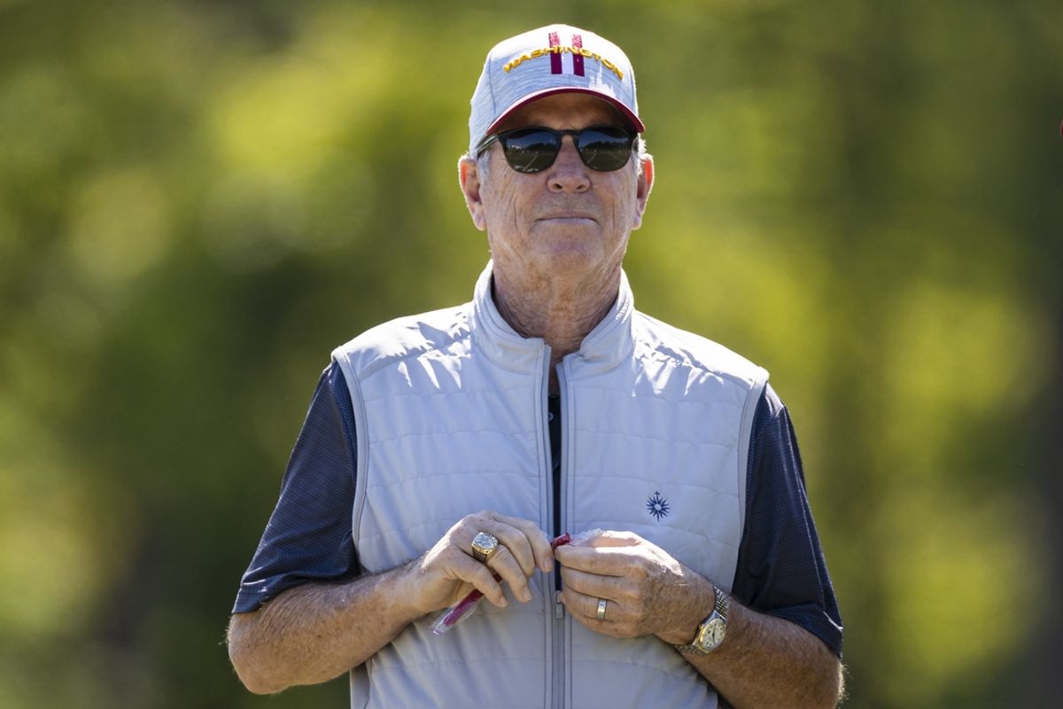 May 15, 2021; Ashburn, Virginia, USA; Former Washington Football Team head coach Norv Turner watches rookie minicamp at Inova Sports Performance Center. Mandatory Credit: Scott Taetsch-Imagn Images