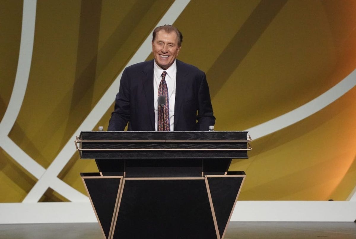 May 15, 2021; Uncasville, Connecticut, USA;  Class of 2020 inductee Rudy Tomjanovich speaks during the Naismith Memorial Basketball Hall of Fame Enshrinement ceremony at Mohegan Sun Arena. Mandatory Credit: David Butler II-USA TODAY Sports