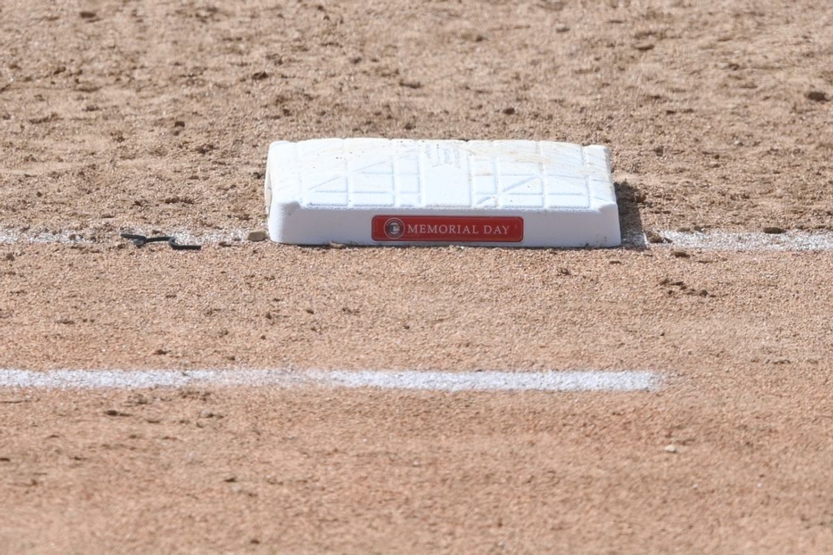 May 31, 2021; Cleveland, Ohio, USA; A general view of first base with a Memorial Day logo during a game between the Cleveland Indians and the Chicago White Sox at Progressive Field. Mandatory Credit: David Richard-Imagn Images