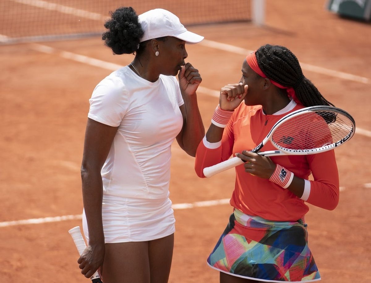 Jun 2, 2021; Paris, France;  Venus Williams (USA) and Coco Gauff (USA) in their doubles match on day four of the French Open at Stade Roland Garros. Mandatory Credit: Susan Mullane-Imagn Images