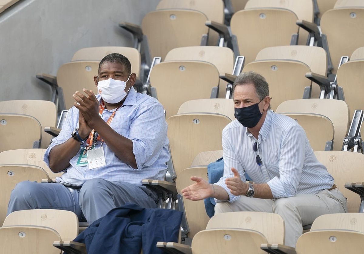Jun 2, 2021; Paris, France;  Actor, Omar Miller and Tennis Channel CEO Ken Solomon in attendance for the Serena Williams (USA) and  Mihaela Buzarnescu (ROU) match on day four of the French Open at Stade Roland Garros. Mandatory Credit: Susan Mullane-Imagn Images