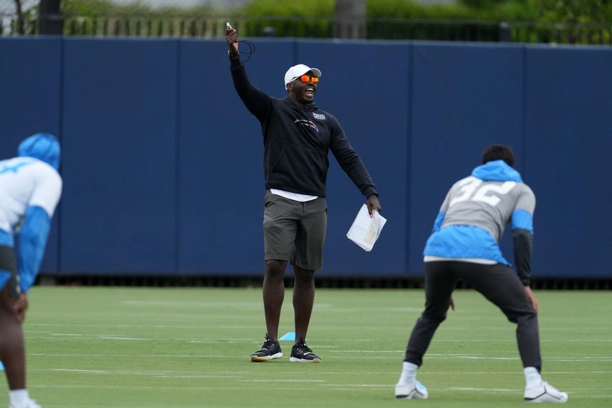 Jun 7, 2021; Costa Mesa, CA, USA; Los Angeles Chargers special teams coordinator Derius Swinton III during organized team activities at the Hoag Performance Center.  Mandatory Credit: Kirby Lee-Imagn Images