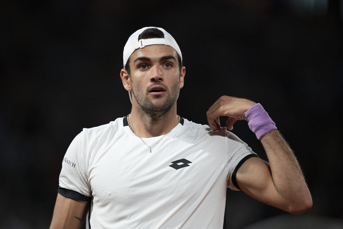 Jun 9, 2021; Paris, France; Matteo Berrettini (ITA) during his match against Novak Djokovic (SRB) on day 11 of the French Open at Stade Roland Garros. Mandatory Credit: Susan Mullane-Imagn Images