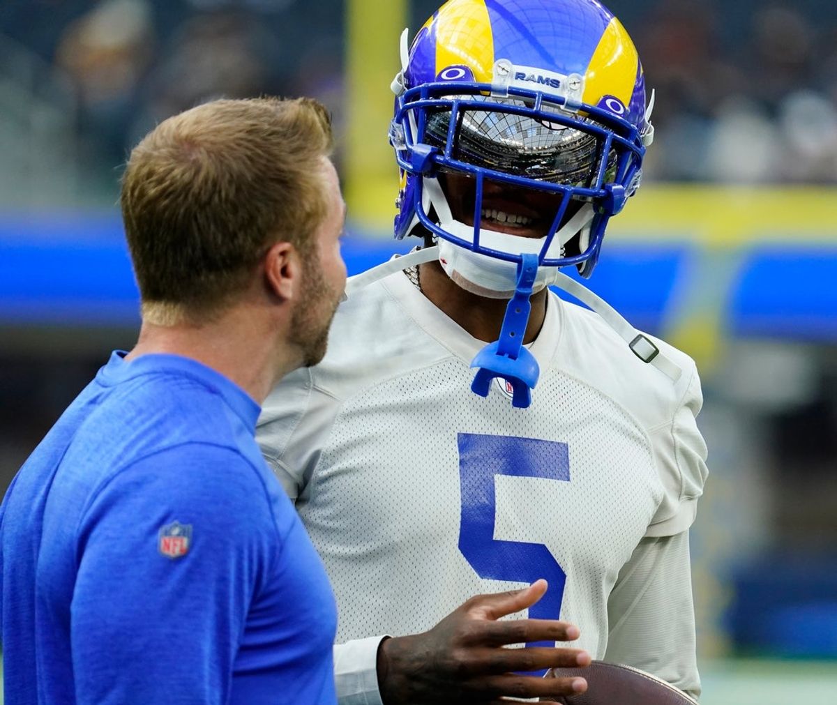 Jun 10, 2021; Los Angeles, CA, USA; Los Angeles Rams cornerback Jalen Ramsey (5) talks to head coach Sean McVay during and offseason workout at SoFi Stadium. Mandatory Credit: Robert Hanashiro-Imagn Images