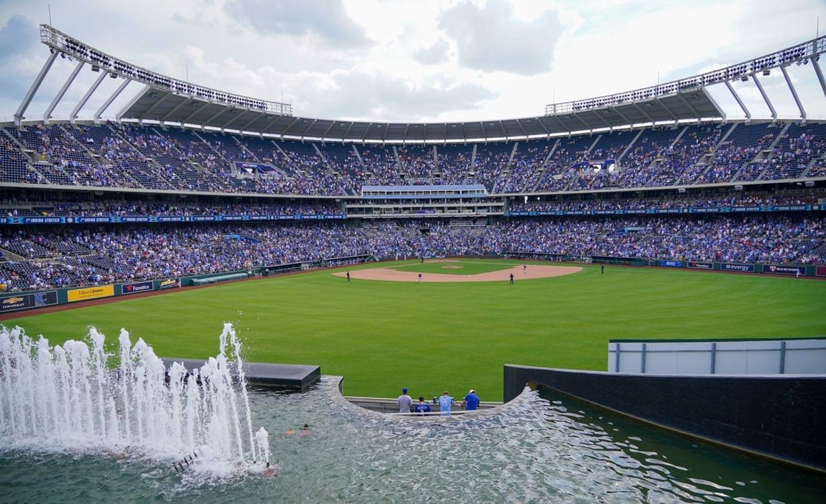 Jun 5, 2021; Kansas City, Missouri, USA; A general view of the stadium from the outfield fountains during the game between the Kansas City Royals and Minnesota Twins at Kauffman Stadium. Mandatory Credit: Denny Medley-Imagn Images