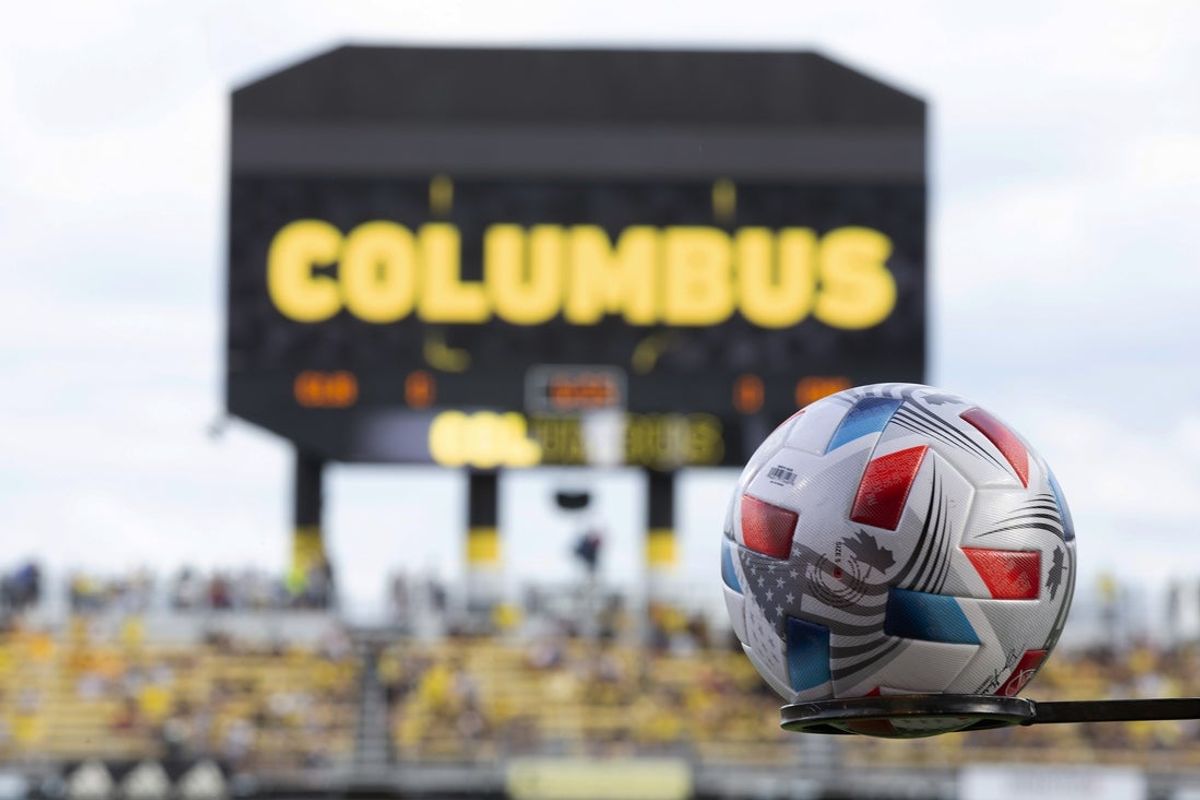 Jun 19, 2021; Columbus, Ohio, USA; A general view of a game ball before a match between the Columbus Crew and Chicago Fire in the final game at Historic Crew Stadium. Mandatory Credit: Greg Bartram-Imagn Images