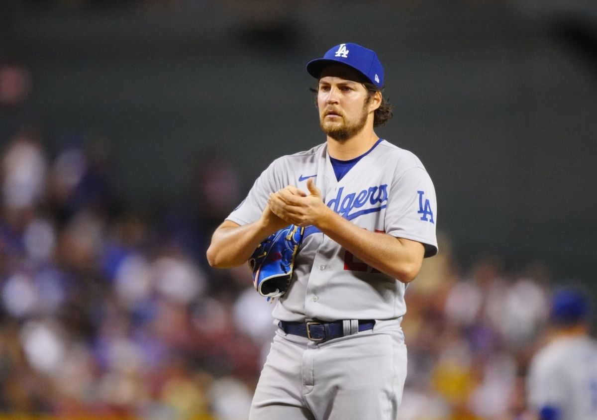 Jun 18, 2021; Phoenix, Arizona, USA; Los Angeles Dodgers pitcher Trevor Bauer reacts against the Arizona Diamondbacks at Chase Field. Mandatory Credit: Mark J. Rebilas-Imagn Images