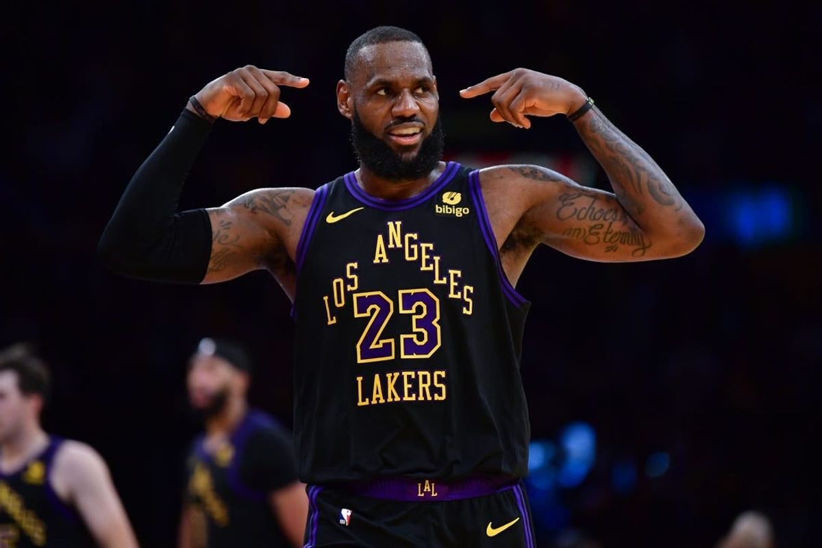 Dec 5, 2023; Los Angeles, California, USA; Los Angeles Lakers forward LeBron James (23) celebrates his basket scored against the Phoenix Suns during the second half of the In Season Tournament quarterfinal at Crypto.com Arena.