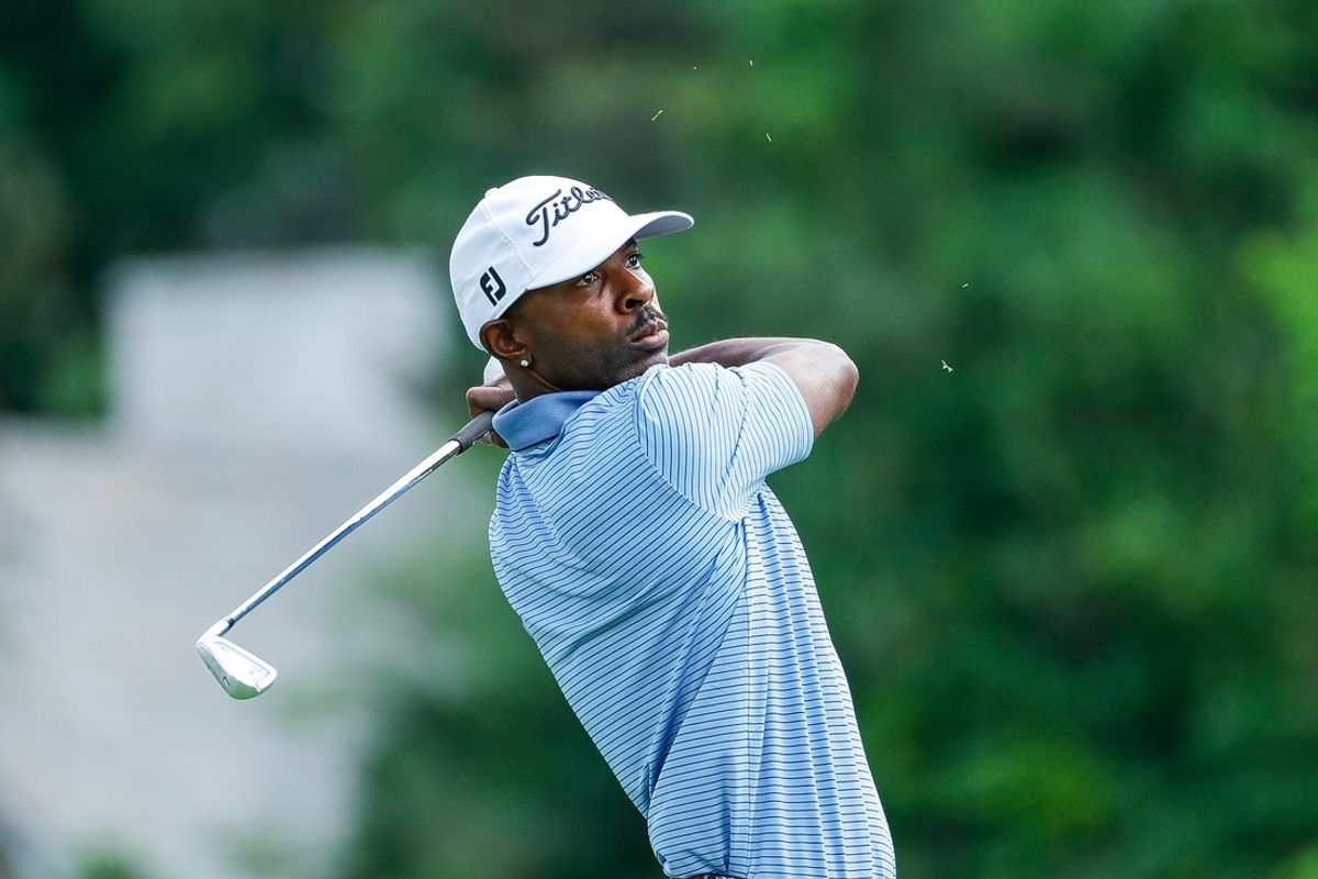 Tim O'Neal tees off on the ninth during the second round of Rocket Mortgage Classic at the Detroit Golf Club in Detroit on Friday, July 2, 2021.