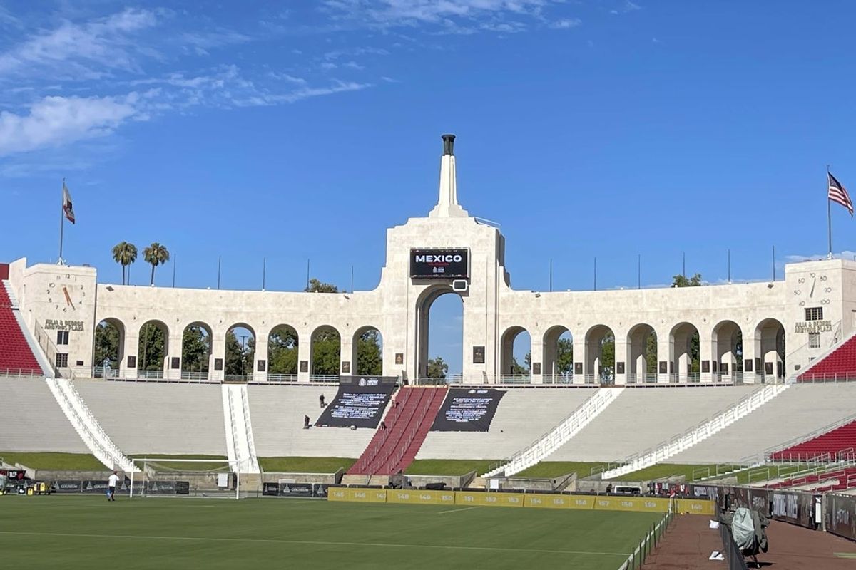 Jul 2, 2021; Los Angeles, CA, USA; A general overall view of the Los Angeles Memorial Coliseum peristyle and Olympic torch at a Mexico national team training session prior to a MexTour match against Nigeria. Mandatory Credit: Kirby Lee-Imagn Images