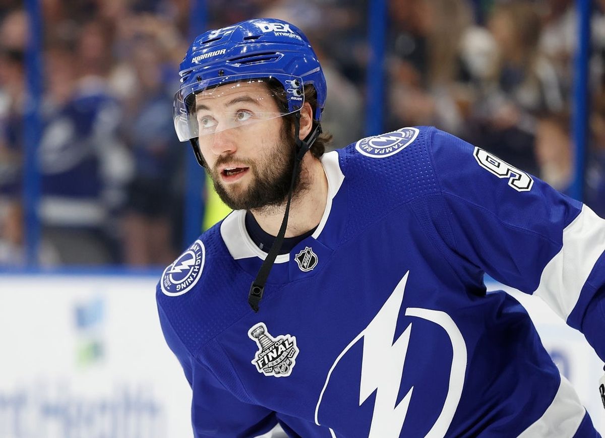 Jul 7, 2021; Tampa, Florida, USA; Tampa Bay Lightning center Tyler Johnson (9) warms up before game five of the 2021 Stanley Cup Final against the Montreal Canadiens at Amalie Arena. Mandatory Credit: Kim Klement-Imagn Images