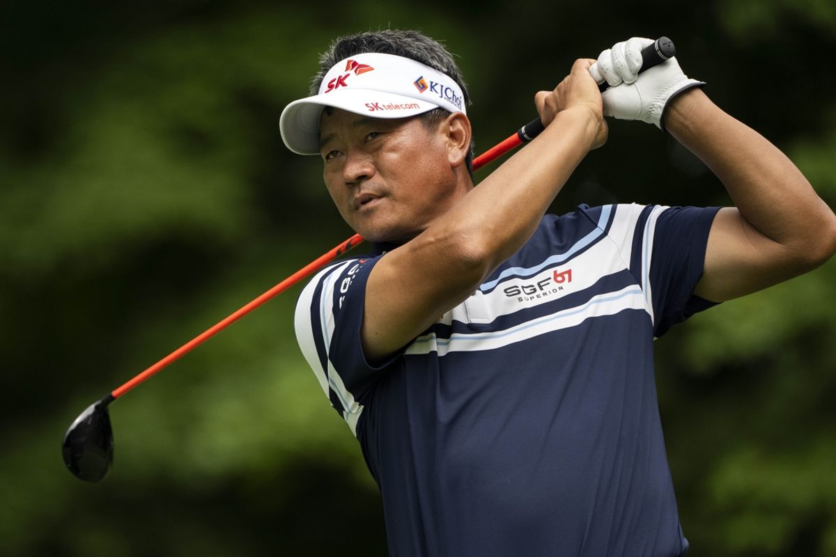 Jul 8, 2021; Silvis, Illinois, USA; KJ Choi tees off of the 6th hole during the first round of the John Deere Classic golf tournament. Mandatory Credit: Marc Lebryk-USA TODAY Sports