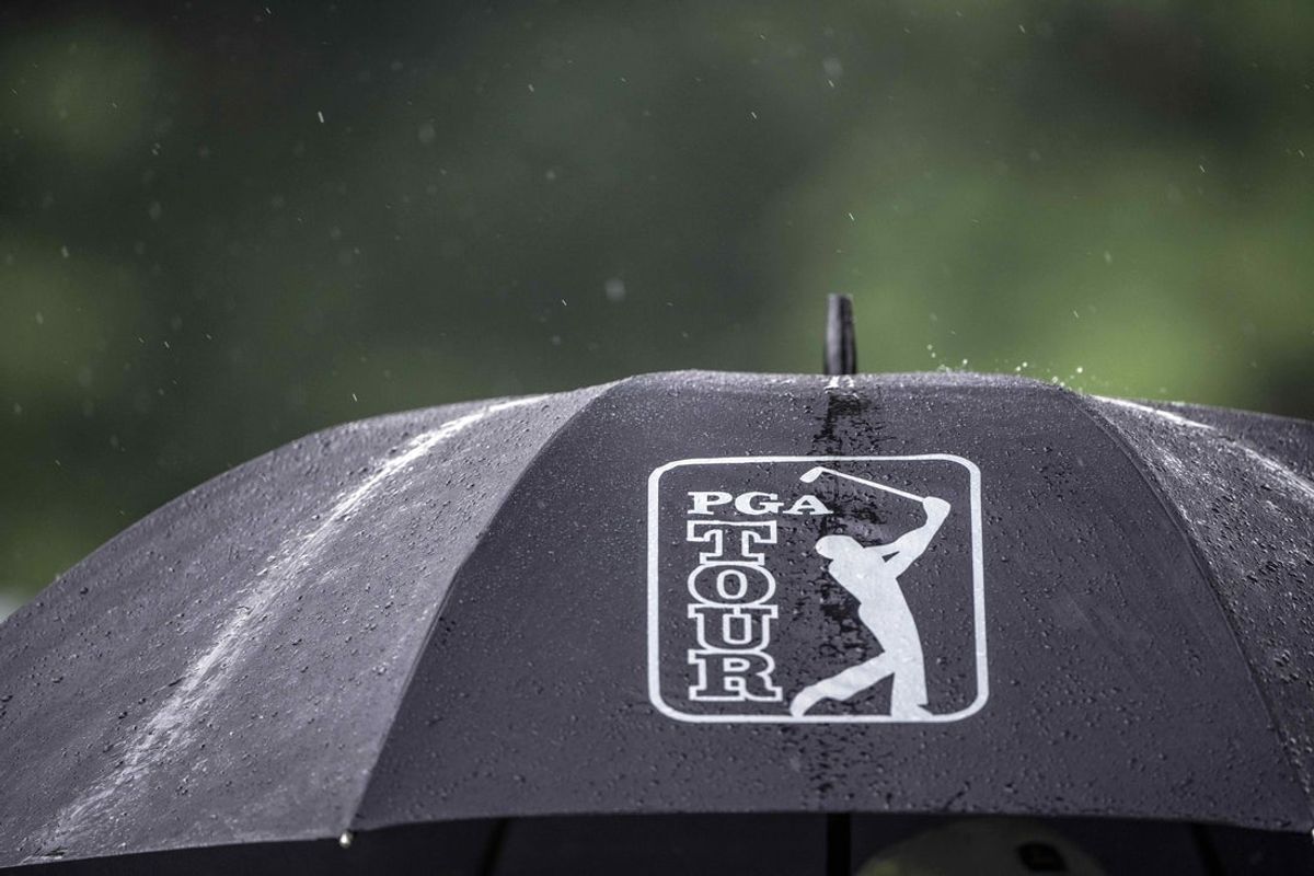 Jul 10, 2021; Silvis, Illinois, USA; A detail shot of rain hitting a PGA Tour Umbrella during the third round of the John Deere Classic golf tournament. Mandatory Credit: Marc Lebryk-Imagn Images