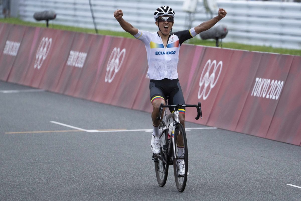 Jul 24, 2021; Shizuoka, Japan; Richard Carapaz (ECU) win's the Men's Road Race during the Tokyo 2020 Olympic Summer Games at Fuji Speedway. Mandatory Credit: Andrew P. Scott-USA TODAY Network