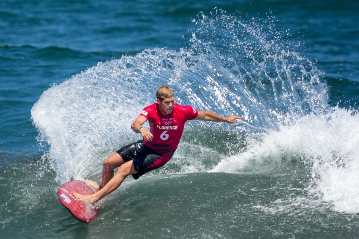 Jul 25, 2021; Tokyo, Japan; John John Florence (USA) surfs in men   s round two competition during the Tokyo 2020 Olympic Summer Games at Tsurigasaki Surfing Beach. Mandatory Credit: Andrew Nelles-USA TODAY Network