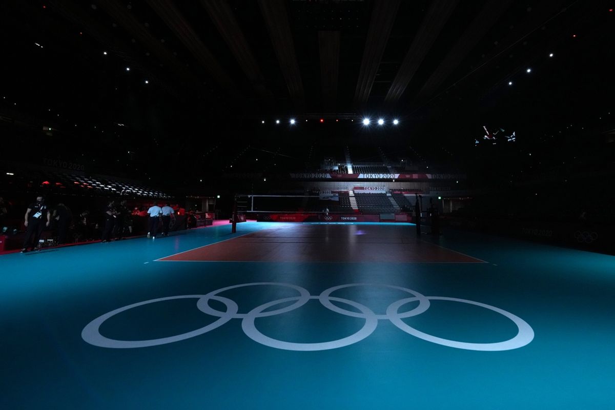 Jul 27, 2021; Tokyo, Japan; A general overall view of the Olympic rings logo on the Ariaka Arena volleyball court during the Tokyo 2020 Olympic Summer Games. Mandatory Credit: Kirby Lee-Imagn Images