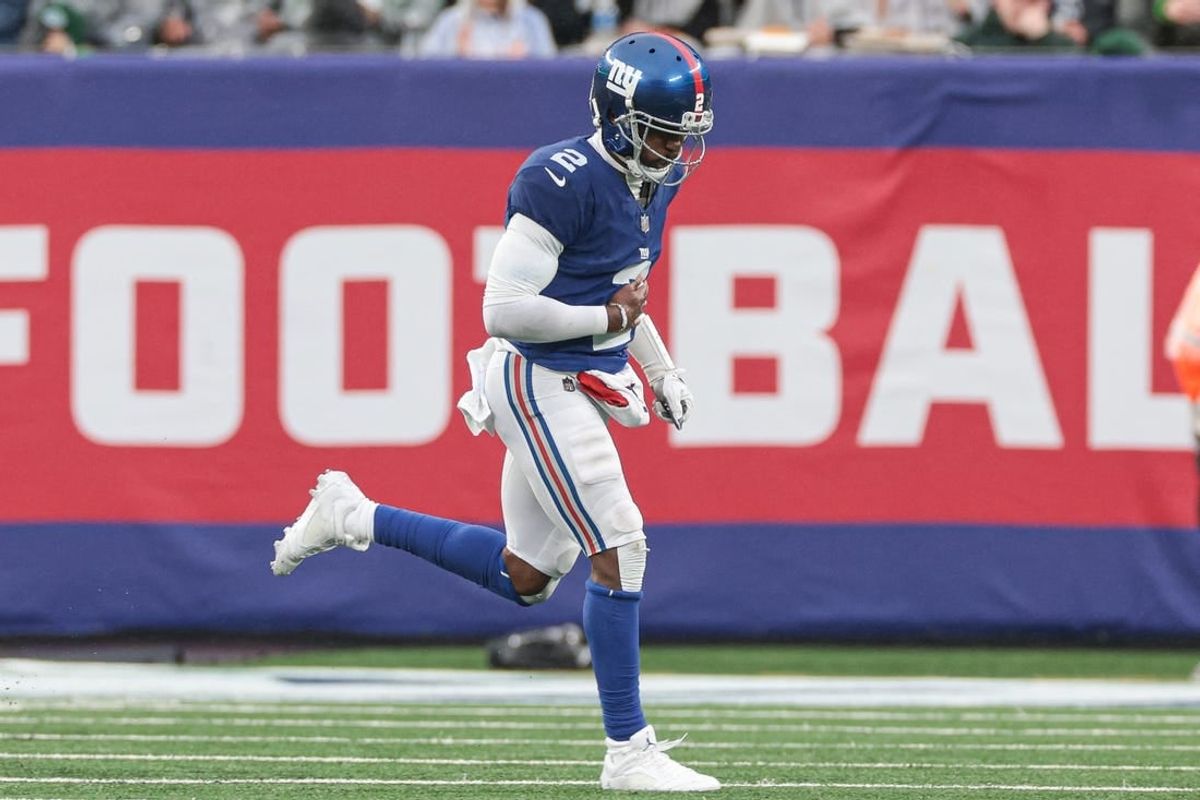 Oct 29, 2023; East Rutherford, New Jersey, USA; New York Giants quarterback Tyrod Taylor (2) runs off the field after an injury during the first half against the New York Jets at MetLife Stadium.