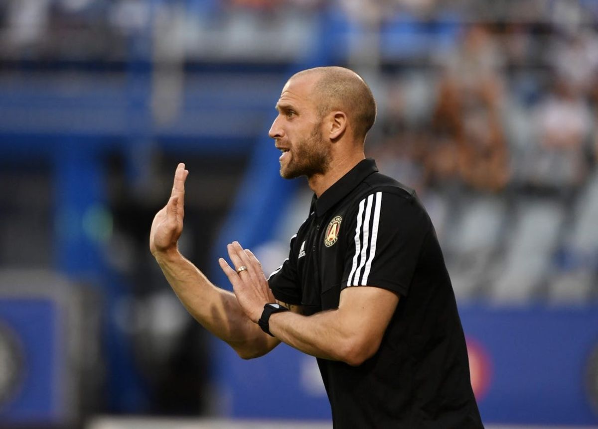 Aug 4, 2021; Montreal, Quebec, CAN; Atlanta United FC interim head coach Rob Valentino sends instructions to his team during the first half against the CF Montreal at Stade Saputo. Mandatory Credit: Eric Bolte-USA TODAY Sports