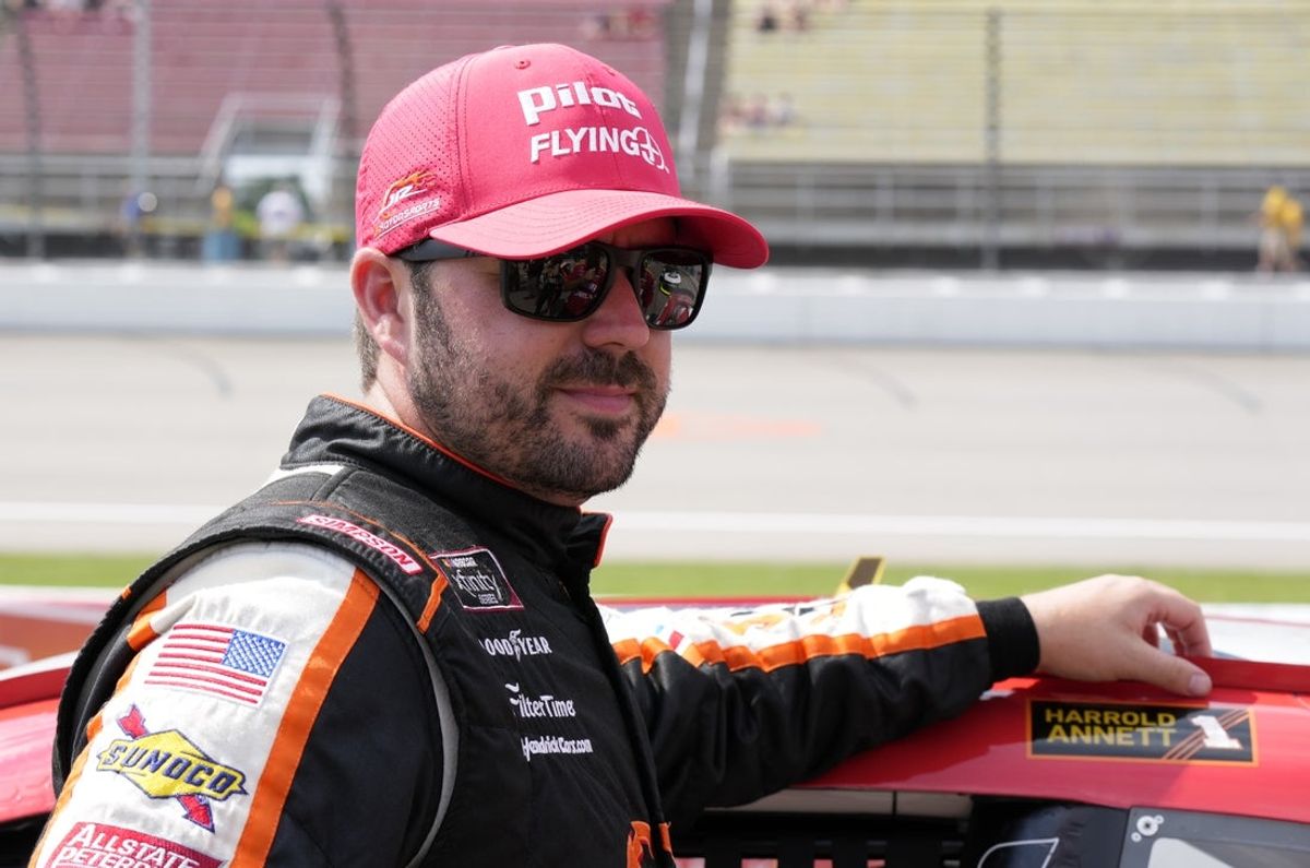 Aug 21, 2021; Brooklyn, MI, USA;  Xfinity Series driver Michael Annett (1) before the start of the New Holland 250 at Michigan International Speedway. Mandatory Credit: Mike Dinovo-Imagn Images