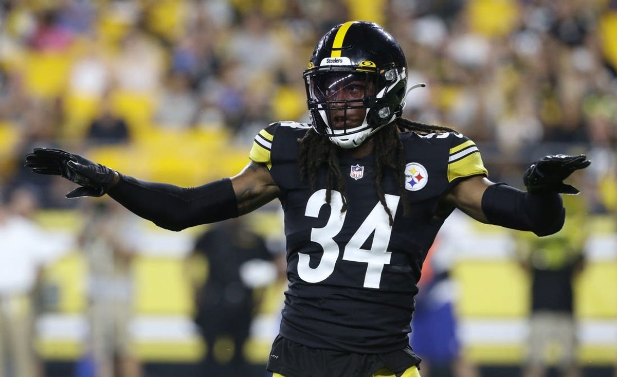 Aug 21, 2021; Pittsburgh, Pennsylvania, USA;   Pittsburgh Steelers strong safety Terrell Edmunds (34) reacts after a defensive stop against the Detroit Lions during the second quarter at Heinz Field. Mandatory Credit: Charles LeClaire-USA TODAY Sports