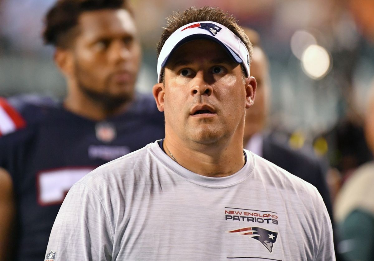 Aug 19, 2021; Philadelphia, Pennsylvania, USA; New England Patriots offensive coordinator Josh McDaniels against the Philadelphia Eagles at Lincoln Financial Field. Mandatory Credit: Eric Hartline-Imagn Images
