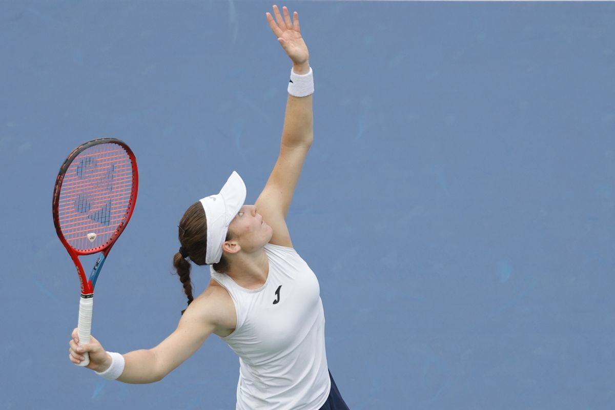 Sep 1, 2021; Flushing, NY, USA; Tamara Zidansek of Slovenia serves against Arnya Sabalenka of Belarus (not pictured) on day three of the 2021 U.S. Open tennis tournament at USTA Billie Jean King National Tennis Center. Mandatory Credit: Geoff Burke-Imagn Images