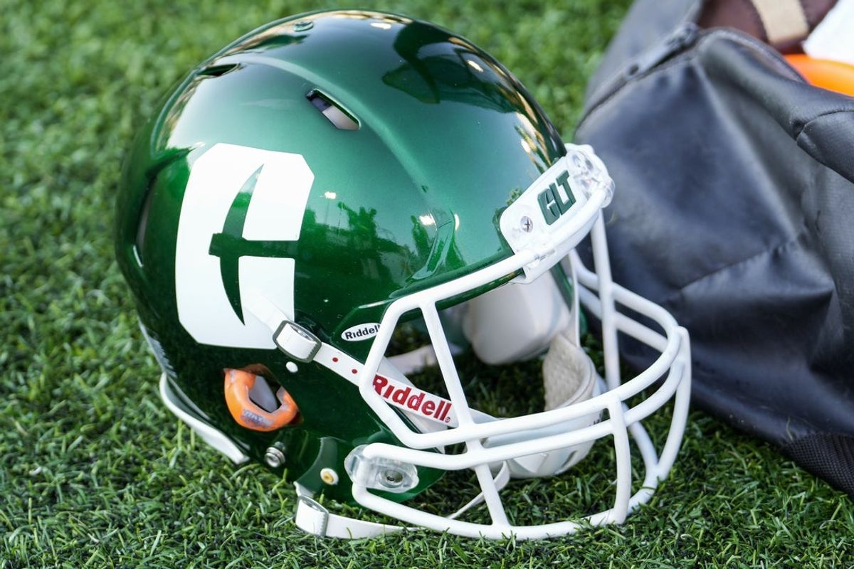 Sep 3, 2021; Charlotte, North Carolina, USA; Charlotte 49ers helmet during pregame activities before the game with Duke Blue Devils at Jerry Richardson Stadium. Mandatory Credit: Jim Dedmon-Imagn Images