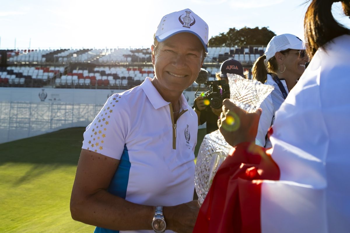 Sep 6, 2021; Toledo, Ohio, USA; Team Europe captain Catriona Matthew smiles during the trophy presentation at the 2021 Solheim Cup at Invernes Club. Mandatory Credit: Raj Mehta-USA TODAY Sports