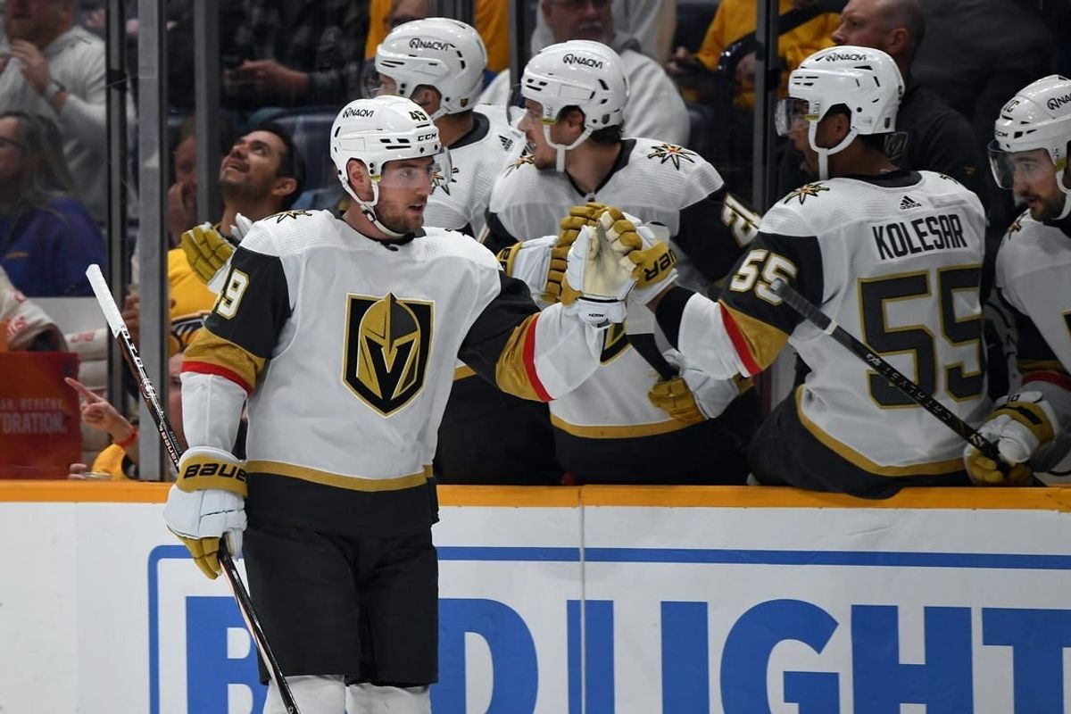 Mar 26, 2024; Nashville, Tennessee, USA; Vegas Golden Knights center Ivan Barbashev (49) celebrates with teammates after a goal during the first period against the Nashville Predators at Bridgestone Arena.