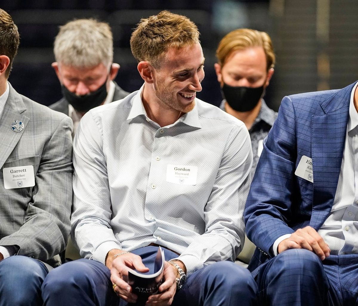 Gordon Hayward, Charlotte Hornets forward, smiles while sitting next to former Butler basketball teammates during Butler University's hall of fame ceremony Thursday, September 9, 2021, at Hinkle Fieldhouse at Butler University in Indianapolis.

Sports Butler Basketball Hall Of Fame