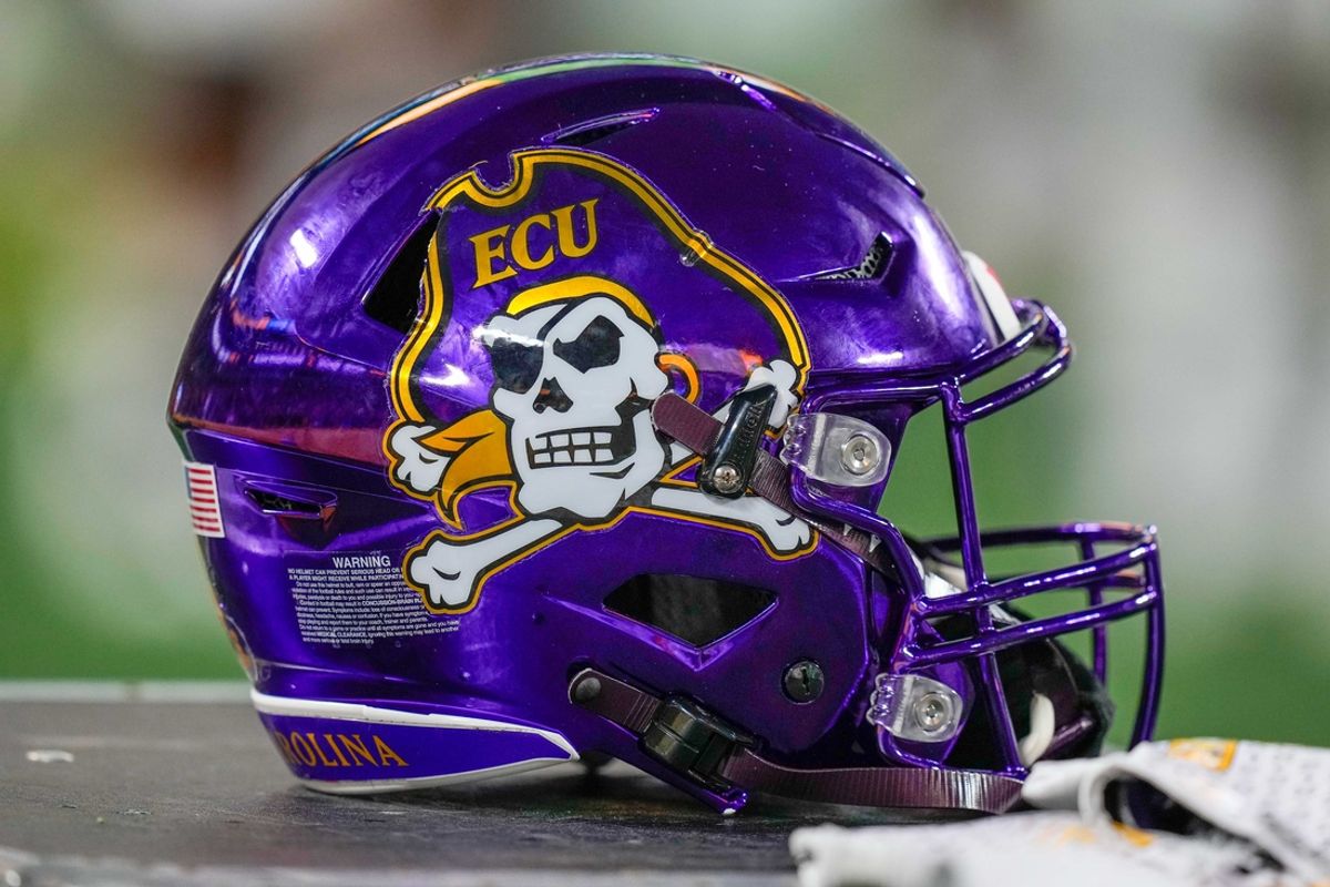 Sep 2, 2021; Charlotte, North Carolina, USA; East Carolina Pirates helmet during the first quarter against the Appalachian State Mountaineers at Bank of America Stadium. Mandatory Credit: Jim Dedmon-Imagn Images
