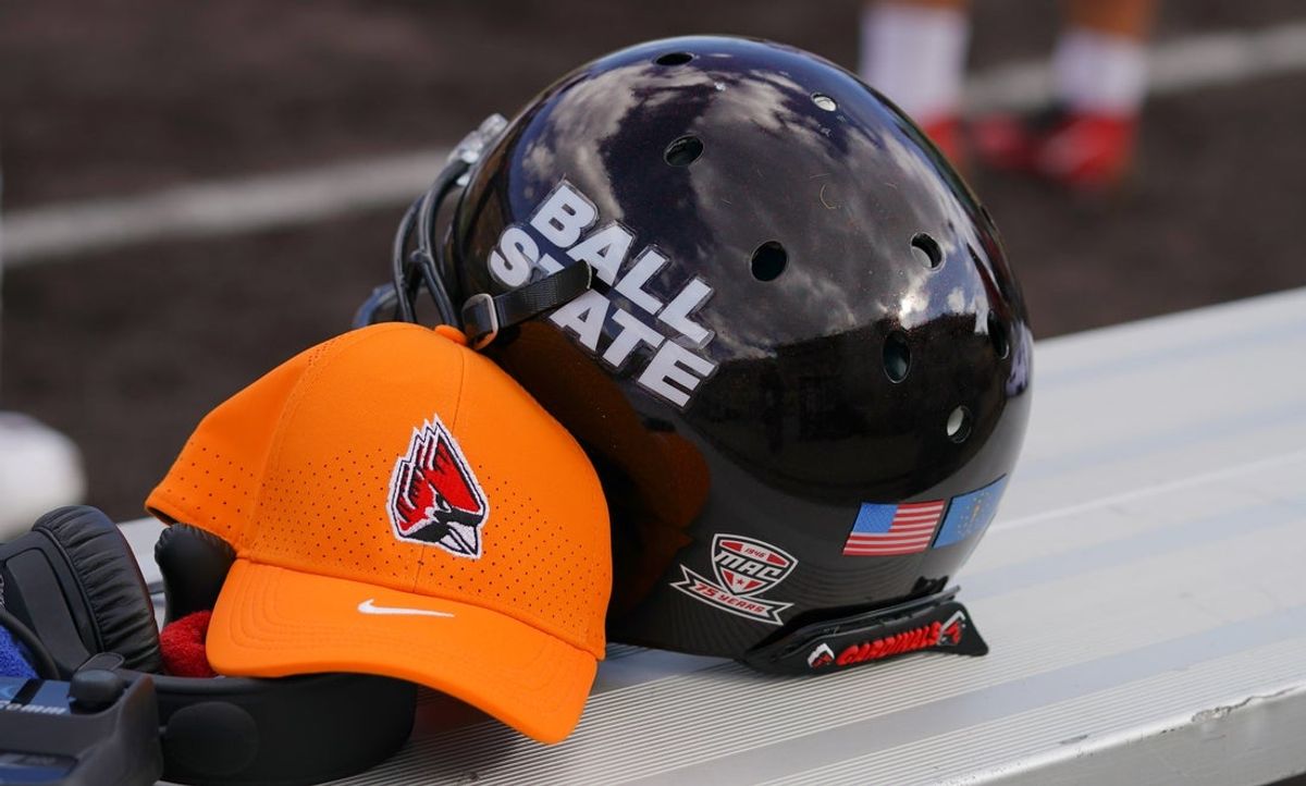 Sep 18, 2021; Laramie, Wyoming, USA; A general view of the Ball State Cardinals helmet during game against the Wyoming Cowboys at Jonah Field at War Memorial Stadium. Mandatory Credit: Troy Babbitt-Imagn Images