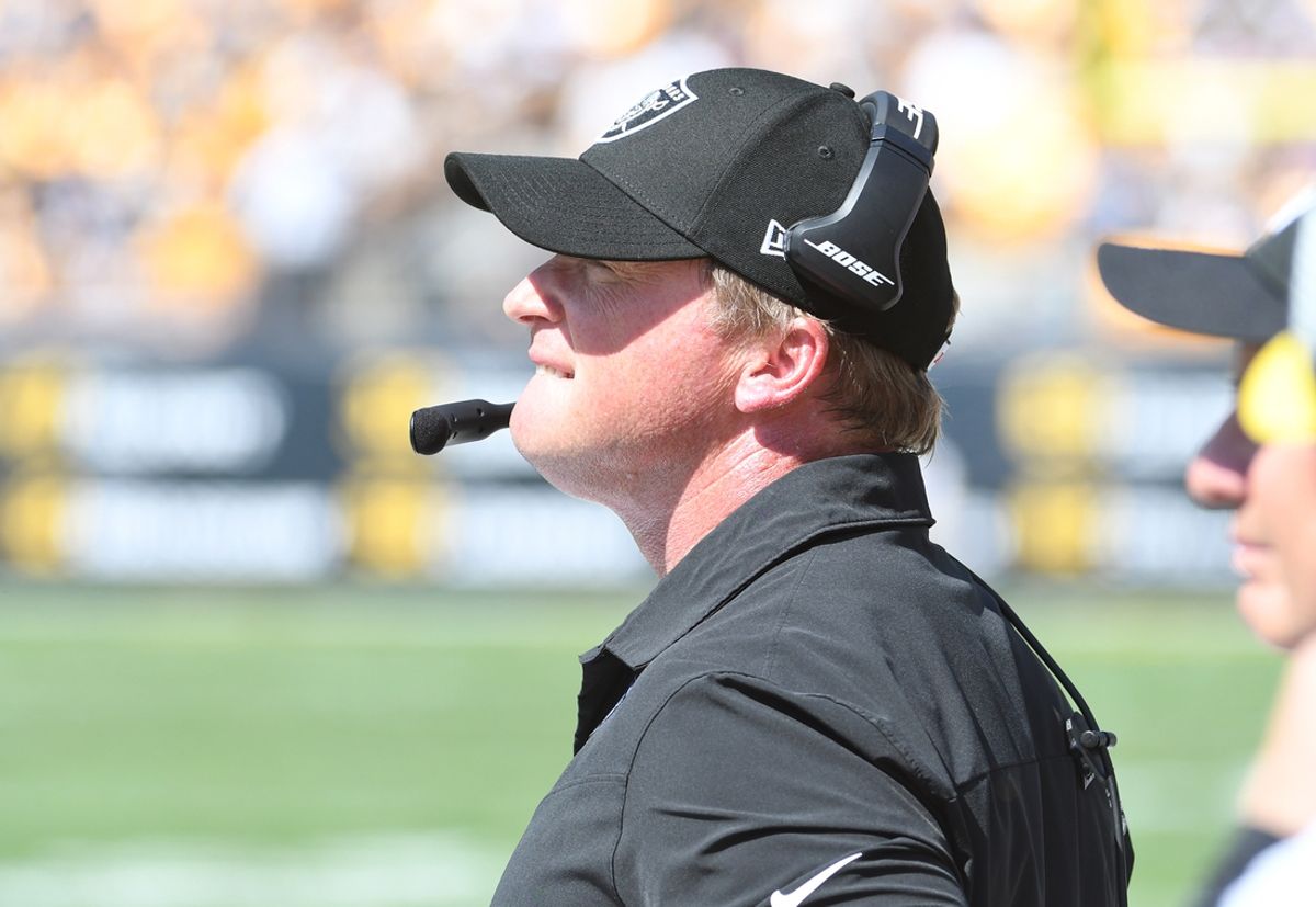 Sep 19, 2021; Pittsburgh, Pennsylvania, USA; Las Vegas Raiders head coach Jon Gruden watches the first quarter against the Pittsburgh Steelers at Heinz Field. Mandatory Credit: Philip G. Pavely-Imagn Images
