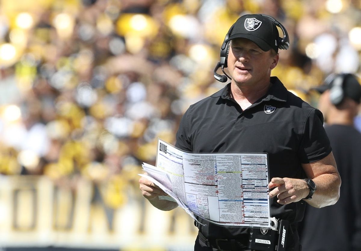 Sep 19, 2021; Pittsburgh, Pennsylvania, USA;  Las Vegas Raiders head coach Jon Gruden looks on from the sidelines against the Pittsburgh Steelers during the second quarter at Heinz Field. Las Vegas won 26-17.  Mandatory Credit: Charles LeClaire-Imagn Images