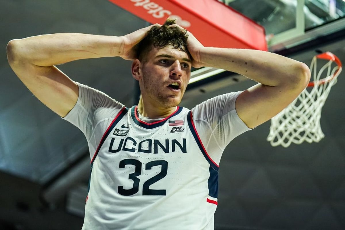 Nov 27, 2023; Storrs, Connecticut, USA; UConn Huskies center Donovan Clingan (32) reacts after being fouled by New Hampshire Wildcats in the second half at Harry A. Gampel Pavilion.