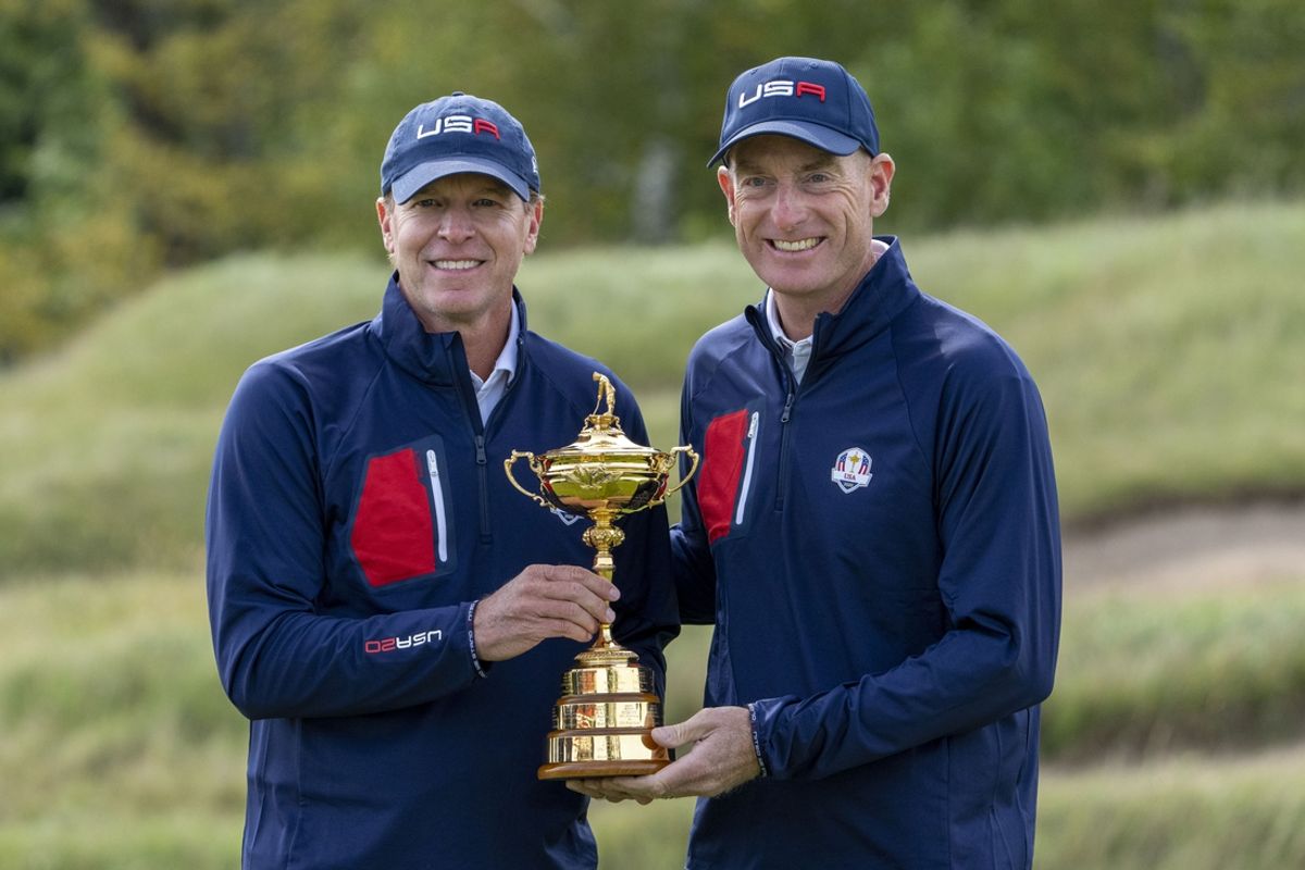 September 22, 2021; Haven, Wisconsin, USA; Team USA captain Steve Stricker (left) and vice-captain Jim Furyk (right) pose for a photo during a practice round for the 43rd Ryder Cup golf competition at Whistling Straits. Mandatory Credit: Kyle Terada-Imagn Images