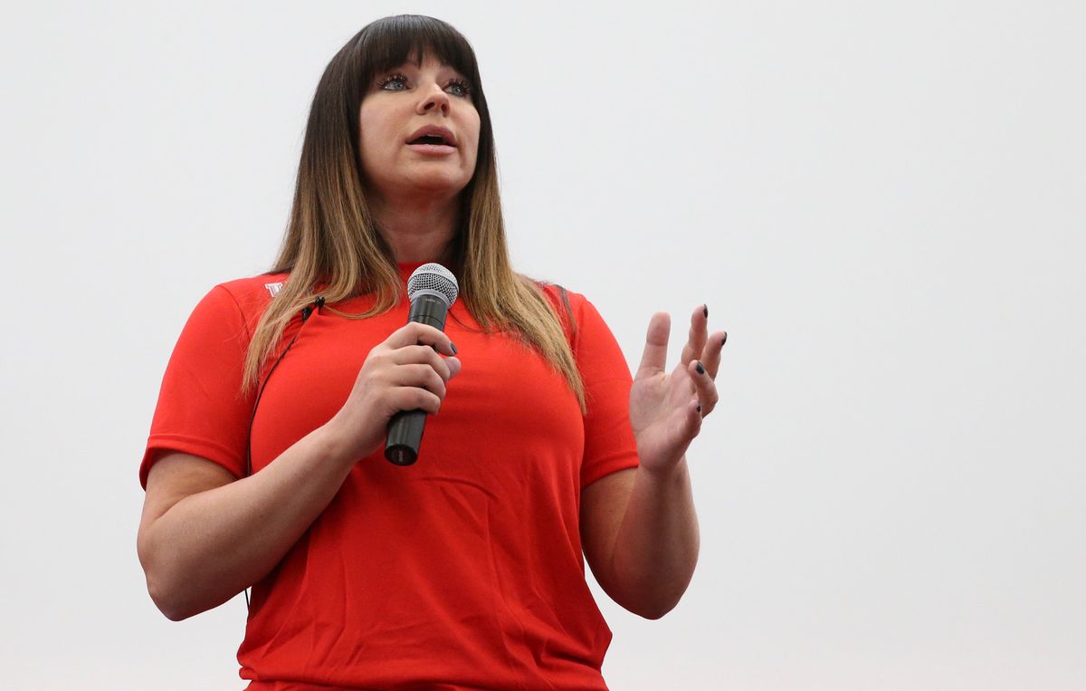 Brenda Tracy, an advocate for sexual assault victims, speaks about her story as a rape survivor and her “Set The Expectation” campaign at the 2018 Houston Football Coaches Clinic in Houston.