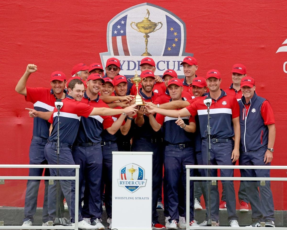 Team USA holds the Ryder Cup trophy as they celebrate winning the 43rd Ryder Cup at Whistling Straits, in Haven, Wis. on Sunday, Sept. 26, 2021. -  Photo by Mike De Sisti / Milwaukee Journal Sentinel via USA TODAY NETWORK

Ryder Ryder27 09620