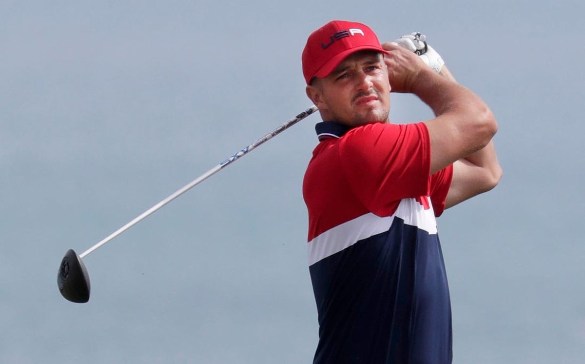 Bryson DeChambeau watches his shot off the 9th tee during the Ryder Cup at Whistling Straits, Sunday, September 26, 2021, in Haven, Wis.Gary C. Klein/USA TODAY NETWORK-Wisconsin

She 092621 Ryder Cup Day 3 Gck 009