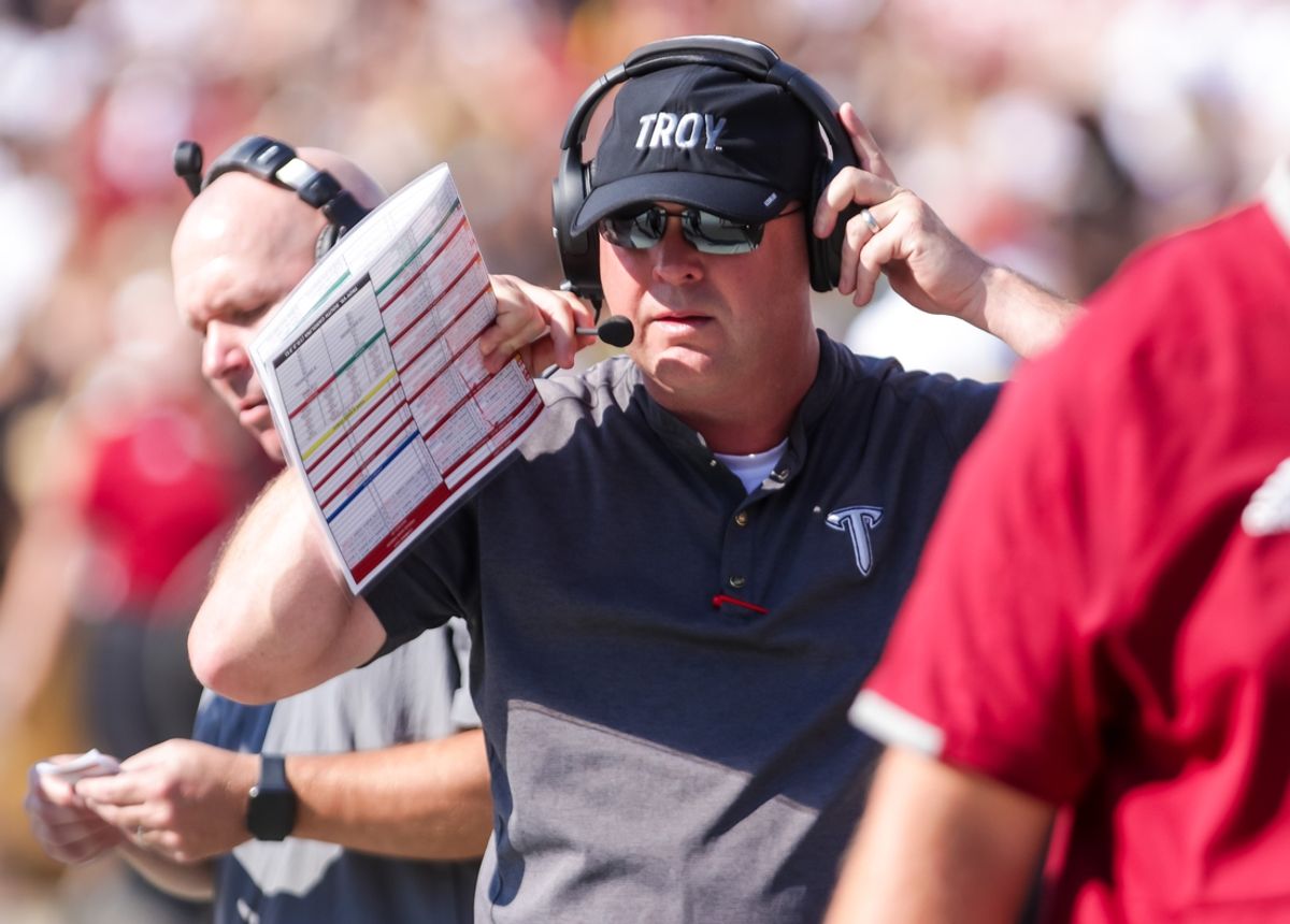 Oct 2, 2021; Columbia, South Carolina, USA; Troy Trojans head coach Chip Lindsey directs his team against the South Carolina Gamecocks in the first half at Williams-Brice Stadium. Mandatory Credit: Jeff Blake-Imagn Images