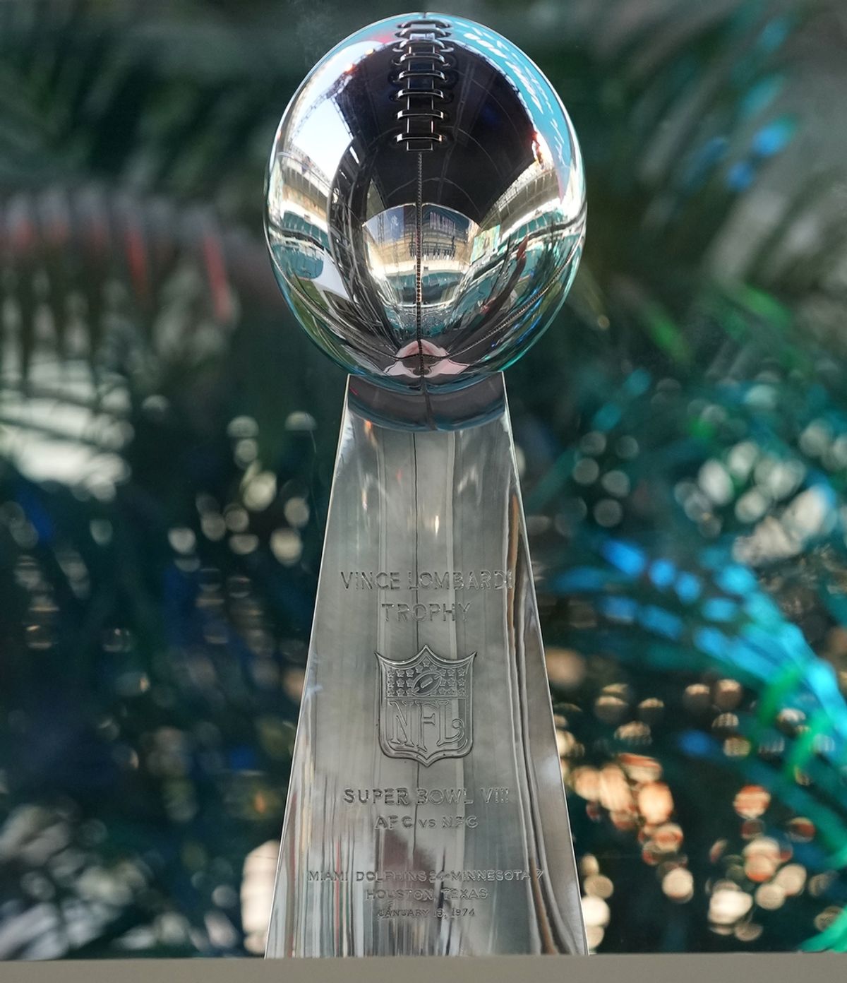 Oct 2, 2021; Miami Gardens, FL, USA; A general view of the Vince Lombardi trophy from of the Super Bowl VIII champions Miami Dolphins on display during the Don Shula Celebration of Life at Hard Rock Stadium. Mandatory Credit: Jasen Vinlove-Imagn Images