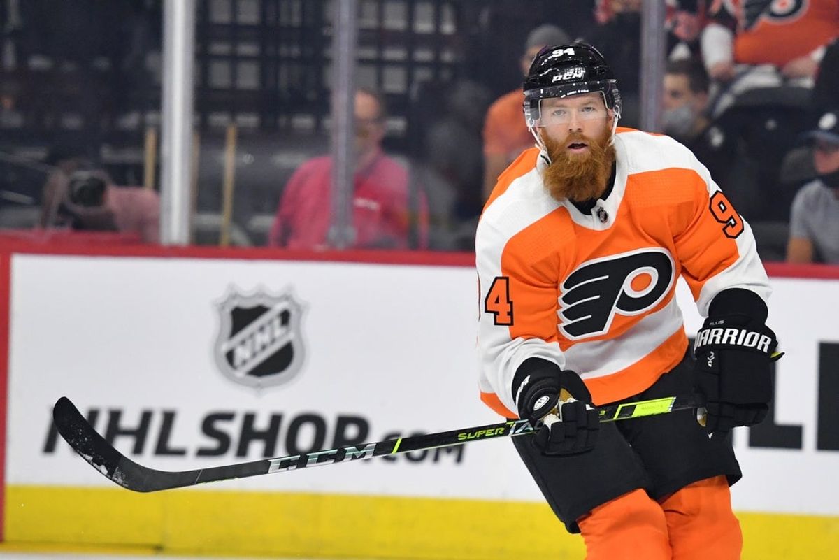 Sep 28, 2021; Philadelphia, Pennsylvania, USA; Philadelphia Flyers defenseman Ryan Ellis (94) against the New York Islanders at Wells Fargo Center. Mandatory Credit: Eric Hartline-Imagn Images