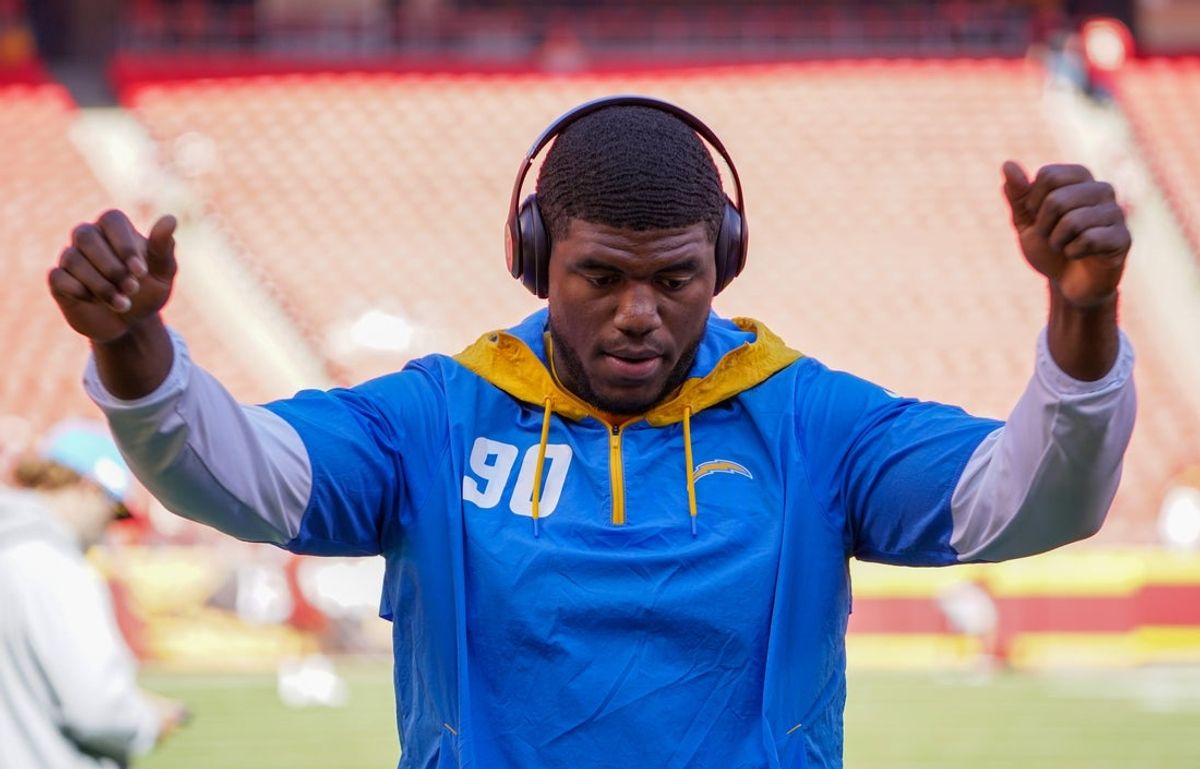 Sep 26, 2021; Kansas City, Missouri, USA; Los Angeles Chargers defensive end Eric Banks (90) warms up against the Kansas City Chiefs before the game at GEHA Field at Arrowhead Stadium. Mandatory Credit: Denny Medley-Imagn Images