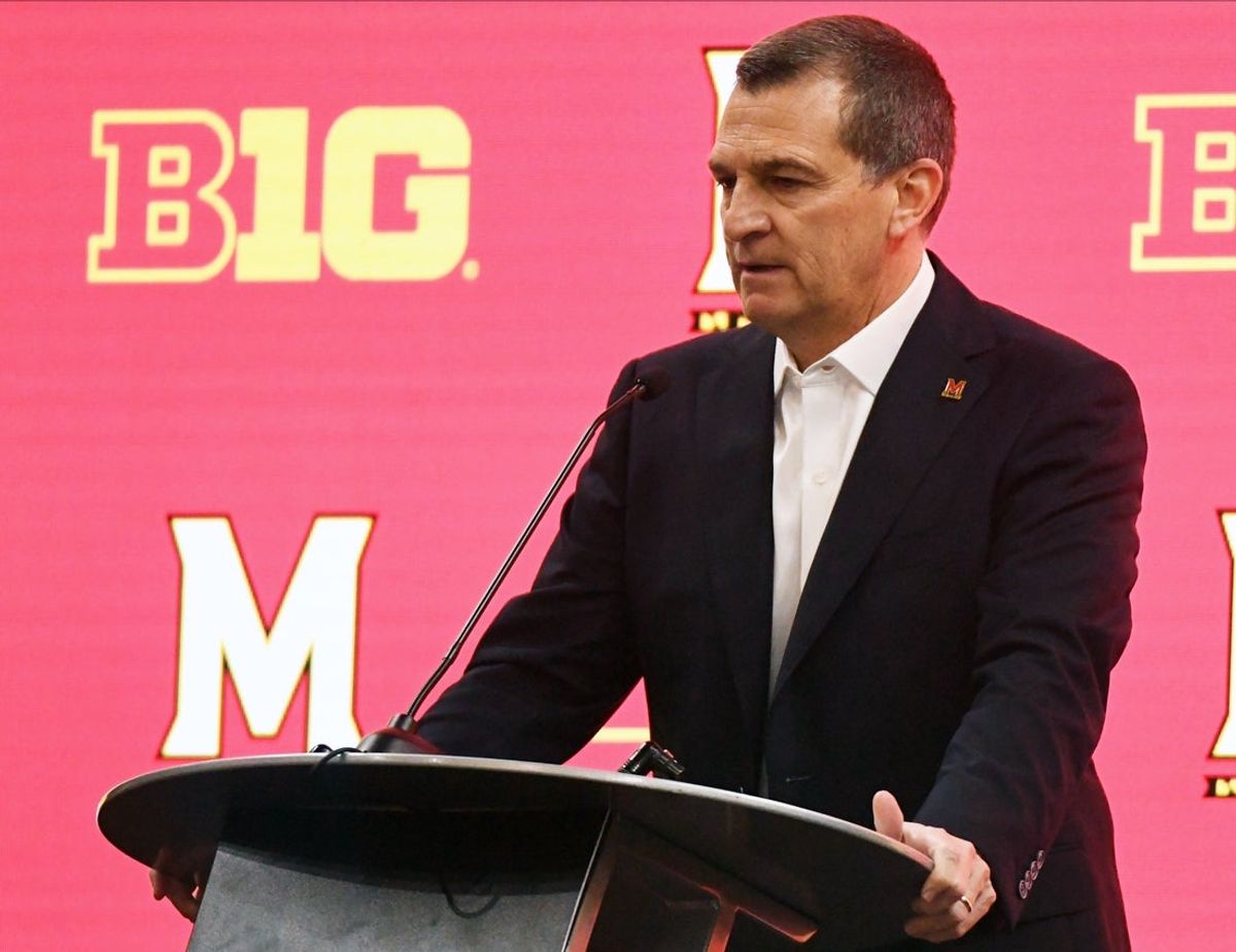 Oct 7, 2021; Indianapolis, IN, USA; Maryland Terrapins head coach Mark Turgeon speaks to the media during Big Ten Media Day at Bankers Life Fieldhouse. Mandatory Credit: Robert Goddin-Imagn Images