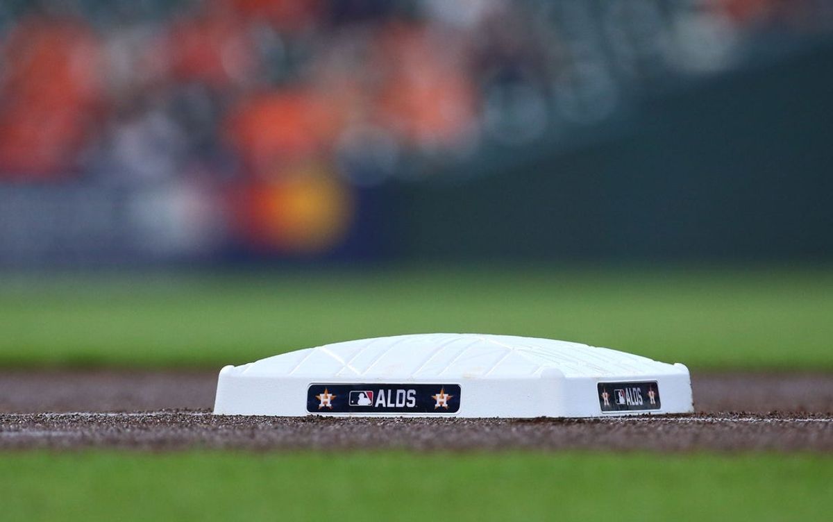 Oct 7, 2021; Houston, Texas, USA; General view of the ALDS logo on a base during game one of the 2021 ALDS between the Houston Astros and the Chicago White Sox at Minute Maid Park. Mandatory Credit: Troy Taormina-Imagn Images