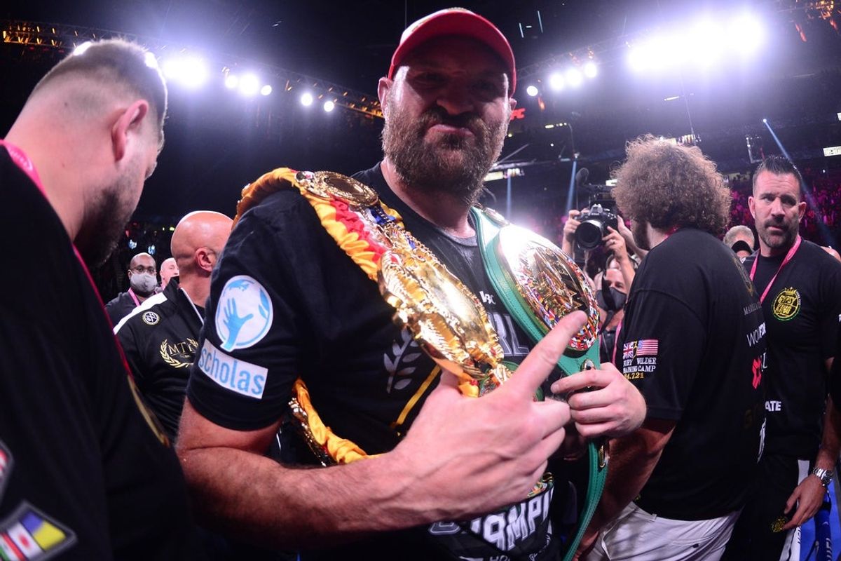 Oct 9, 2021; Las Vegas, Nevada, USA; Tyson Fury celebrates after knocking out Deontay Wilder (not pictured) during their WBC/Lineal heavyweight championship boxing match at T-Mobile Arena. Mandatory Credit: Joe Camporeale-Imagn Images