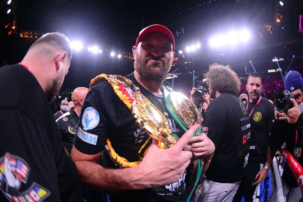Oct 9, 2021; Las Vegas, Nevada, USA; Tyson Fury celebrates after knocking out Deontay Wilder (not pictured) during their WBC/Lineal heavyweight championship boxing match at T-Mobile Arena. Mandatory Credit: Joe Camporeale-Imagn Images