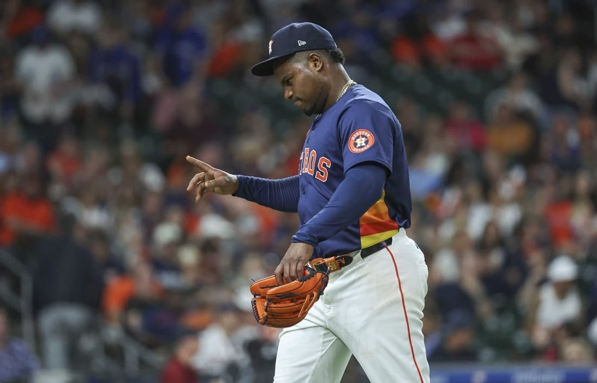 Apr 2, 2024; Houston, Texas, USA; Houston Astros starting pitcher Framber Valdez (59) walks off the field after pitching during the fifth inning against the Toronto Blue Jays at Minute Maid Park.
